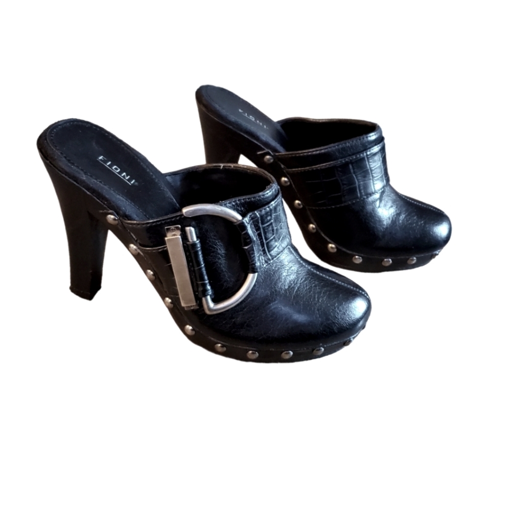 FIONI Womens Clogs Black Studded Heels Shoes